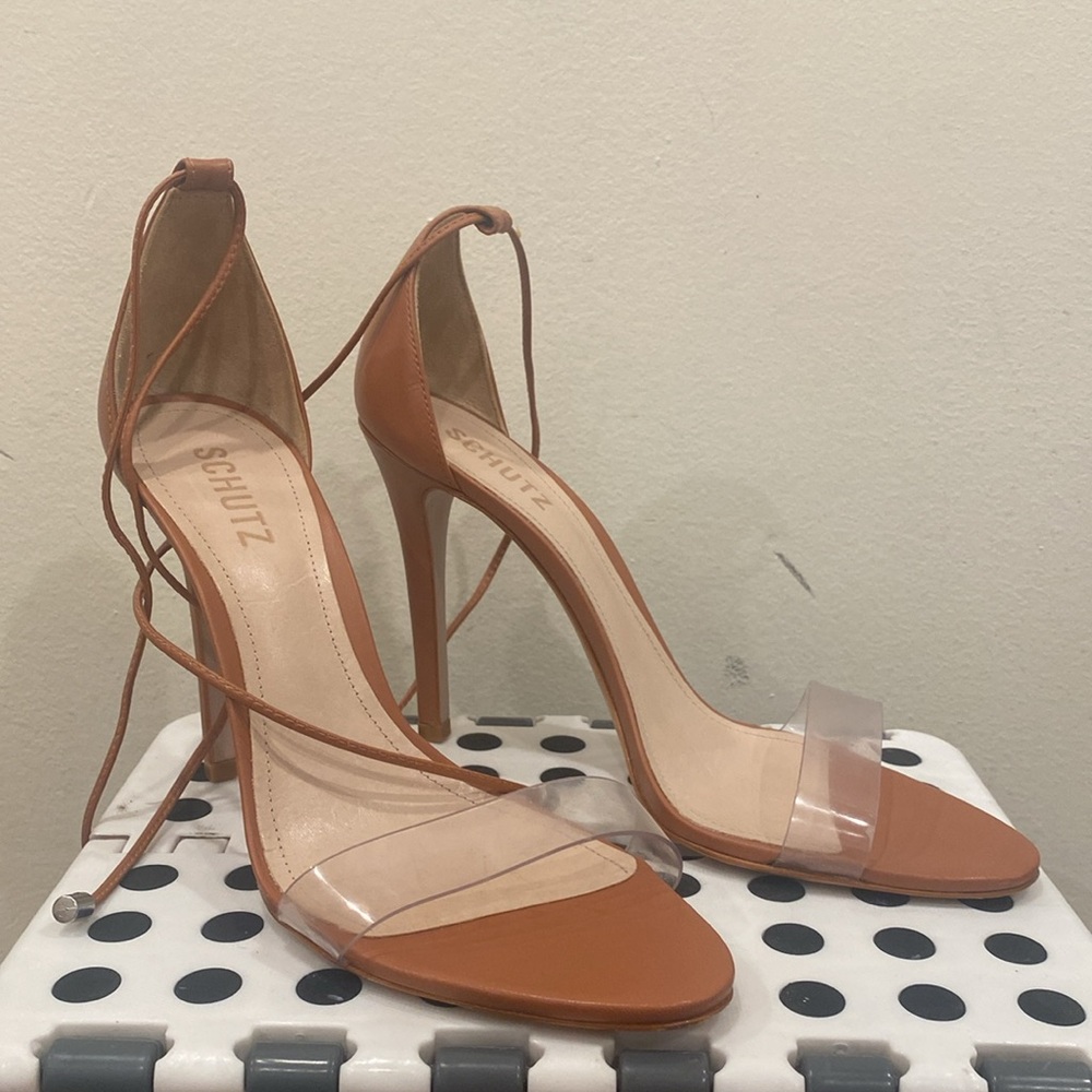 SCHUTZ JOSSEANA RUST/BROWN NAPPA LEATHER & CLEAR VINYL ANKLE TIE STILETTO HEELS
